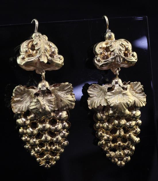 A pair of Victorian style unmarked gold earrings, 2in.